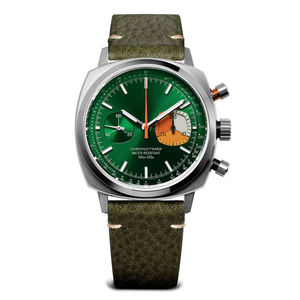 Montre chronographe mécanique Citizen à cadran vert, résistante à l'eau 100 bars, boîtier en acier inoxydable, bracelet en cuir, sport, 40 mm - Product Image 1