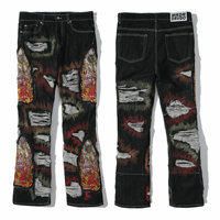 Pantalon en jean empilé style streetwear hip-hop pour homme, coupe évasée délavée avec broderies flamme et patchs