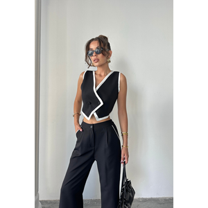 Ensemble veste courte avec passepoil asymétrique et pantalon en jean noir pour femme, taille S - Product Image 4