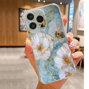 เคสโทรศัพท์มือถือลายดอกไม้สีขาวลาย<span class=keywords><strong>ผึ้ง</strong></span>พิมพ์ลาย Art Gold Line  วัสดุ TPU นิ่มใส สำหรับ iPhone 11 12 13 14 15 16 17 Pro Max Air - Product Image 1