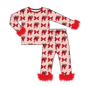 Conjuntos de pijamas navideños para niñas, pantalones de manga larga con estampado navideño y ribete de piel, ropa de dormir suave y acogedora para invierno - Product Image 4