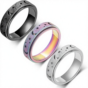 Bague tournante creuse unisexe en acier inoxydable titane sablé motif lune et étoile, anti-stress, tailles 6-10 - Product Image 1