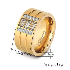 Stainless Steel <b>Ring</b> 12mm <b>Gold</b> Tone Channel <b>Set</b> Diamond Women's Fashion Jewelry Everyday Wear Geometric Design - Product Image 2