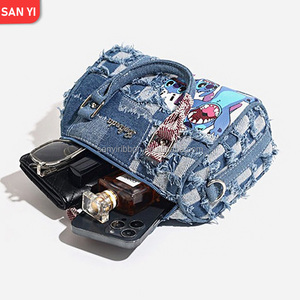 New Cute Cartoon Stitch Patchwork Denim Lace Checkerboard Shoulder <strong>Bag</strong> Handbag for Women - Product Image 6