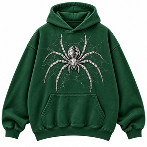 Sudadera con Capucha Oversize Verde para Hombre, con Bolsillo Frontal Tipo Canguro, Manga Larga, Estampado de Telaraña, 100% Algodón - Product Image 1