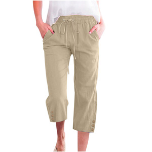 <span class=keywords><strong>Pantaloni</strong></span> corti estivi da donna <span class=keywords><strong>pantaloni</strong></span> a tinta unita tinta unita in cotone per la casa con coulisse Casual con bottoni larghi - Product Image 3