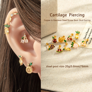 Hengsen Boucle d'oreille à visser en acier inoxydable multicolore avec zircons cubiques en forme de fruits pour <span class=keywords><strong>piercing</strong></span> de cartilage, conque, tragus, hélix pour femme - Product Image 3