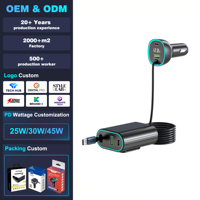 Cargador de Coche con Encendedor de Cigarrillos de 5 Puertos PD65W, Cable Tipo-C Retráctil Integrado, Pantalla Digital de Voltaje, Indicador LED de 12-24V