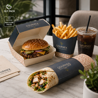 Emballages personnalisés pour plats à emporter de restaurant avec boîte à burger, carton à frites, manchon d'emballage, gobelet à café, sac en papier et boîtes combo à poignée.