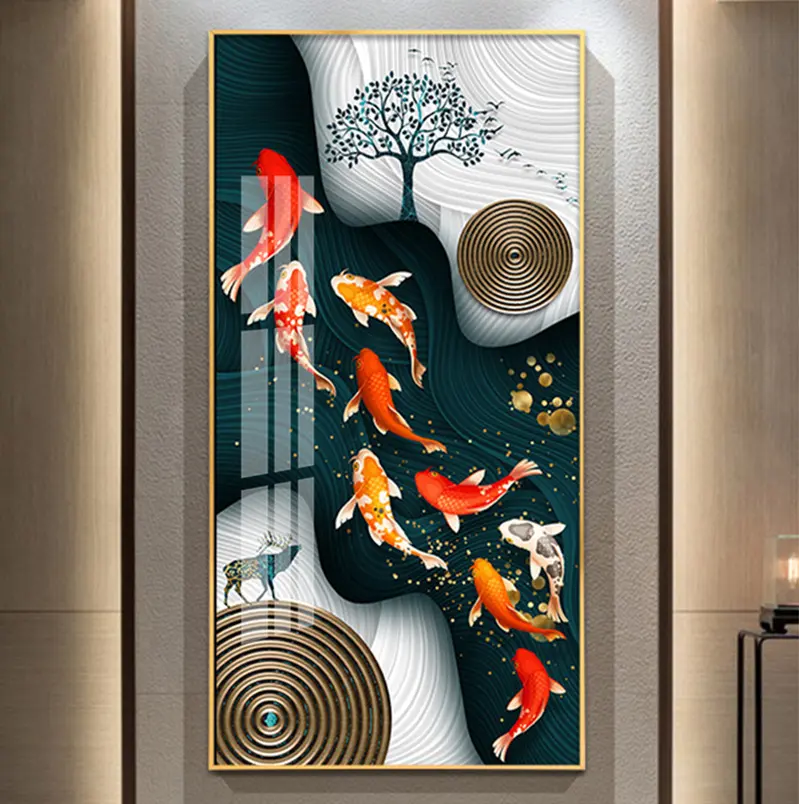 Atacado Lucky koi luxo cristal porcelana arte de parede abstrata 9 koi peixe pintura arte moderna pinturas de parede para sala de estar