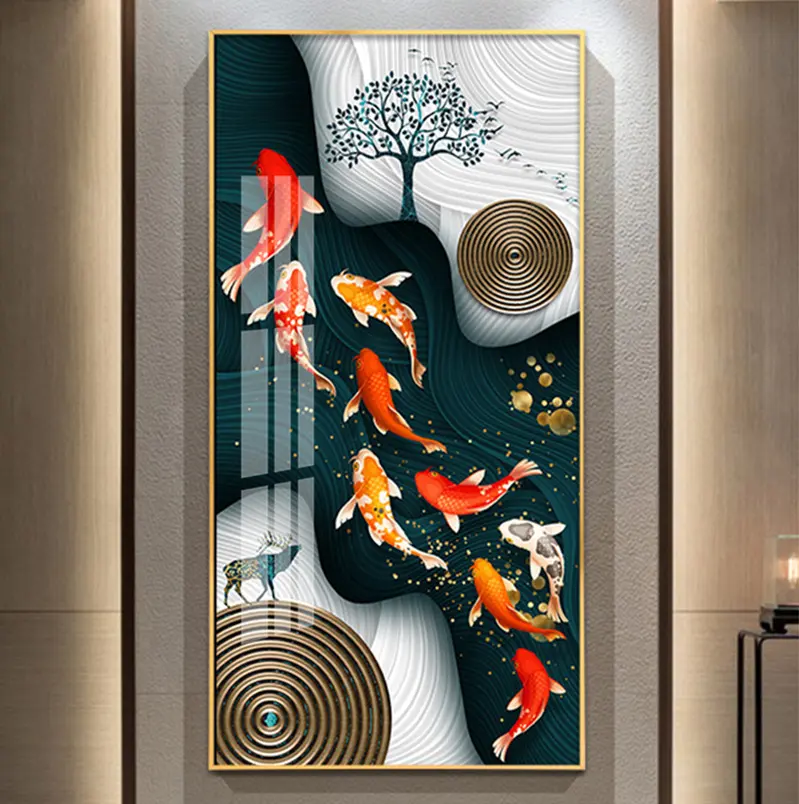 Groothandel Lucky Koi Luxe Kristal Porselein Abstracte Muurkunst 9 Koi Vissen Schilderij Moderne Kunst Muurschilderingen Voor Woonkamer