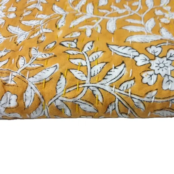 อินเดียดอกไม้บล็อกมือพิมพ์อินเดียที่ทำด้วยมือผ้าฝ้าย100% ผ้าคลุมเตียง Kantha ผ้าห่มบล็อกสีเหลืองพิมพ์ Kantha โยนผ้าห่มโยน Flo