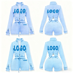 Conjunto <span class=keywords><strong>de</strong></span> Dos Piezas <span class=keywords><strong>para</strong></span> <span class=keywords><strong>Mujer</strong></span>, Sudadera Corta con Capucha Azul y Pantalones Deportivos con Lavado Ácido Vintage, con Cierre y Logotipo Personalizado, Nuevo y Moderno - Product Image 2