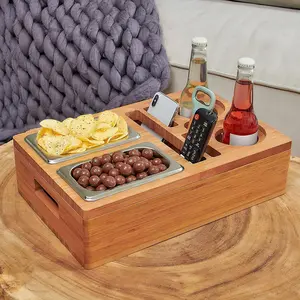नई डिजाइन बांस सोफे सोफे आयोजक लकड़ी कप और पेय धारक बिस्तर फोन धारक ट्रे नाश्ता सोफे चायदान