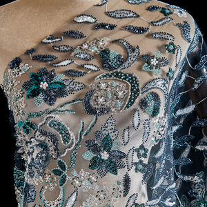 Grosir Pabrik kain bordir manik-manik renda Prancis kain renda Tulle mewah jala kain renda manik-manik biru tua - Product Image 5