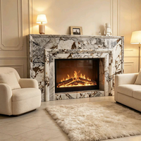 Ensemble de cheminée contemporain en marbre beige, avec cadre en acier intégré, design CAO personnalisé et fabrication sur mesure