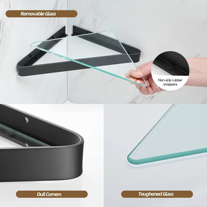 Étagère d'organisateur d'angle de salle de bain en <span class=keywords><strong>verre</strong></span> noir adhésif et <span class=keywords><strong>porte</strong></span>-shampooing de caddies de <span class=keywords><strong>douche</strong></span> montés <span class=keywords><strong>sur</strong></span> perceuse avec supports en aluminium - Product Image 3