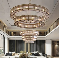 Lustre moderne personnalisé à 2 niveaux avec anneaux en cristal, cadre en métal brun, suspension LED pour villa, hôtel, salon, bar
