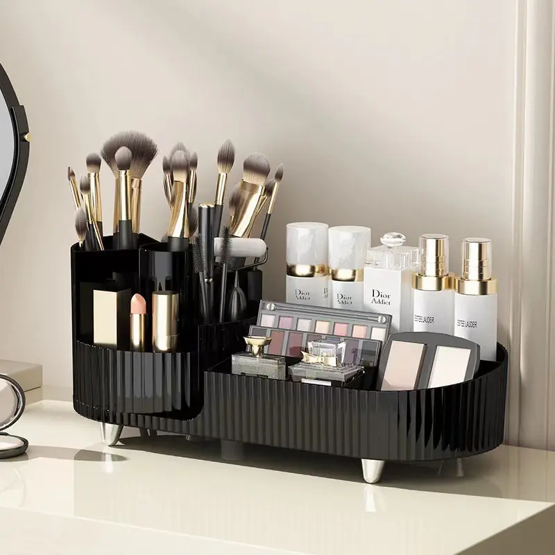 360 Degree Rotating Plastic Makeup Organizer Brush Holder Desktop Organizer Compartment Cosmetic Organizer