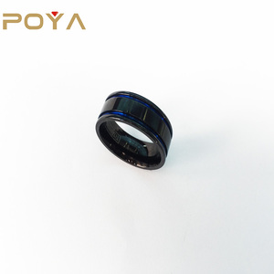 POYA 8mm <strong>Black</strong> <strong>Titanium</strong> <strong>Ring</strong> Brushed Matte Double Groove Blue Inlay Wedding Band - Product Image 2