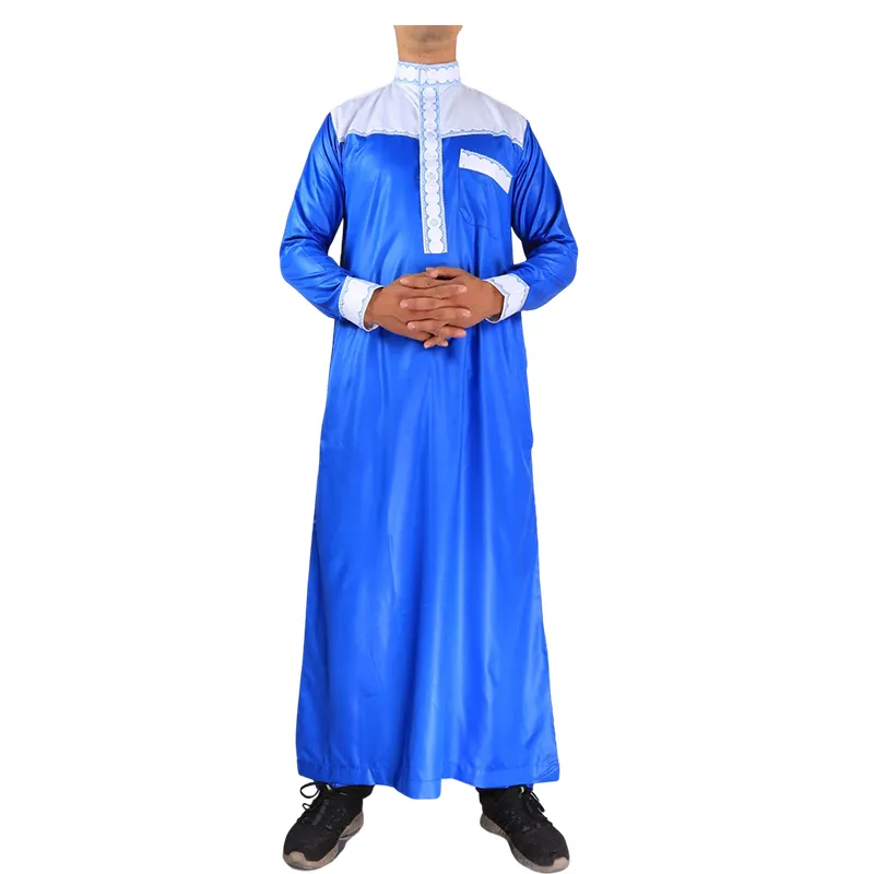 Nieuw Product Islamitische Thobe Voor Man Opstaande Kraag Kaftan Gewaad Lange Mouw Borduurwerk Thobe