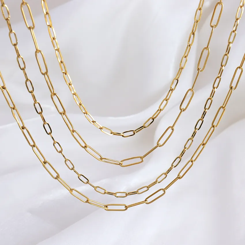 Dainty 18K Gold Paper Clip Chain Necklace Waterproof Minimalist Stainless Steel Chains Tarnish Free Paperclip Link Chain