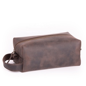 Boshiho Men Crazy Horse Leather Cosmetic Pouch Dopp Kit Shave Kit <b>Storage</b> Bag Traveling Wash case Make up Bags Mens <b>Toiletry</b> Bag - Product Image 1