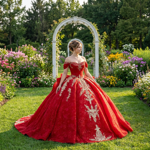 Robe de bal longue rouge Quinceañera Dy6980 avec dentelle dorée, appliques florales, volants, épaules dénudées et traîne chapelle pour anniversaire - Product Image 1