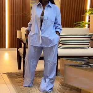Conjunto Casual de 2 Piezas para Mujer: Camisa Holgada a Rayas con Solapa y Pantalones de Pierna Ancha a la Moda - Product Image 4