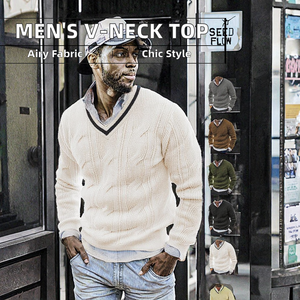 Autumn Winter Men's V-Neck Long Sleeved Knitted Wool/Viscose Sweater Top 12GG Fashionable Slim Fit Leisure Vacation Work - Product Image 3