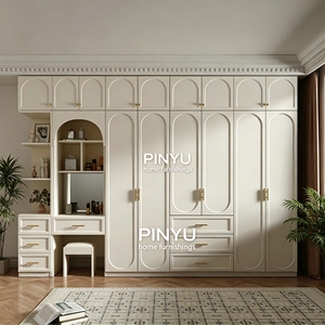 Armoire de chambre vintage française en bois composite, avec plusieurs tiroirs, coiffeuse intégrée et miroir - Product Image 1