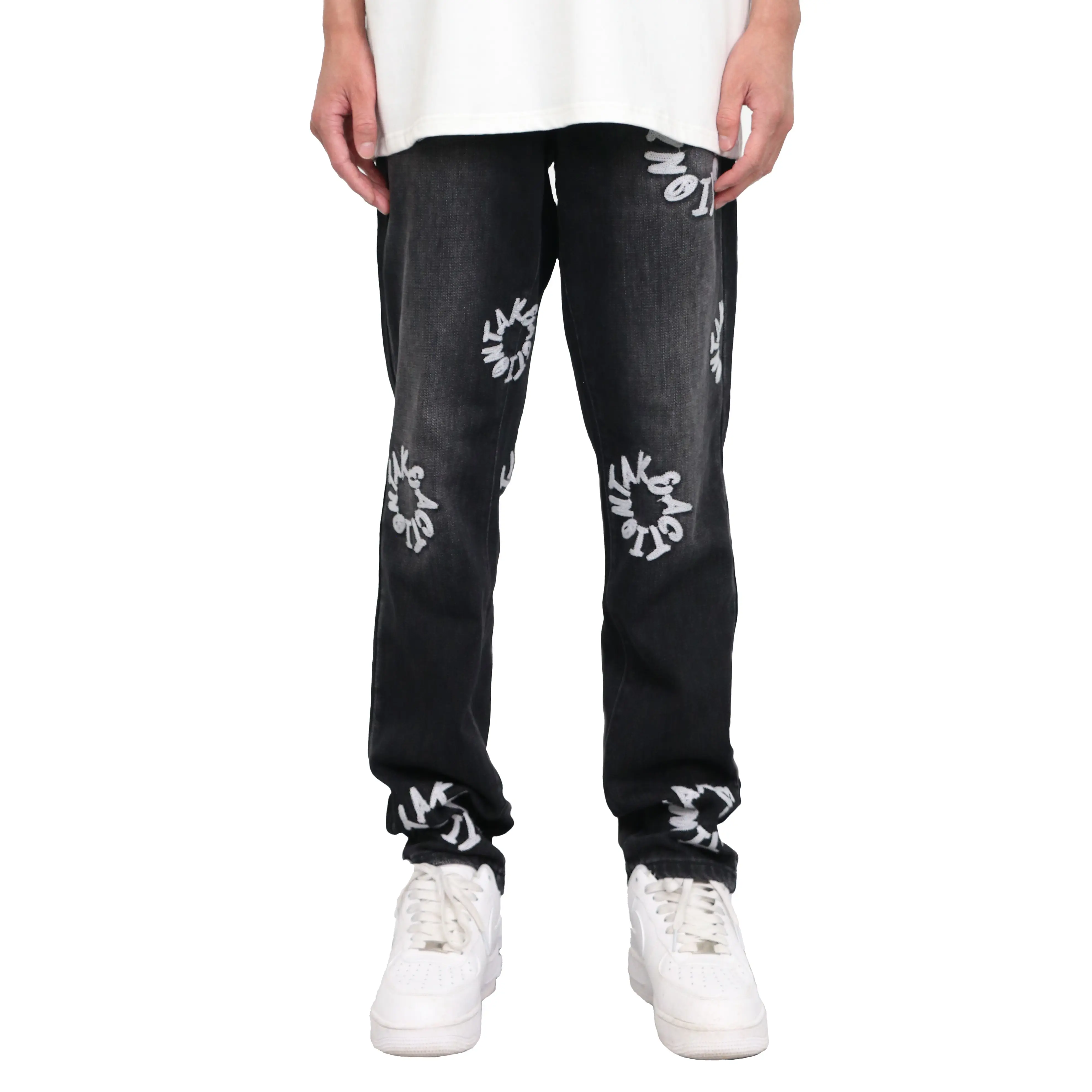 Custom high quality Autumn black trousers print white logo patten casual slim fit mans jeans