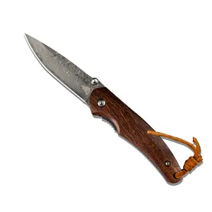 Pemasok Damaskus besi merah gagang kayu cendana pisau saku berburu pisau luar ruangan pisau lipat