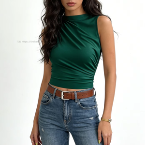 Women's Sleeveless Asymmetric Pleated Ruched <b>Mock</b> <b>Neck</b> <b>Top</b> - Satin-Fit Casual Shirt <b>Top</b> Vest Fashion - Product Image 6