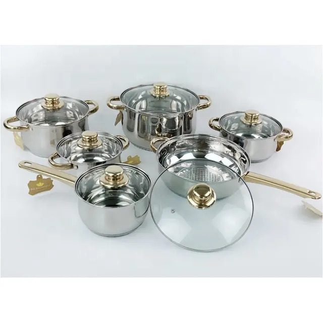 ステンレス鋼12個ヨーロッパの家庭用調理器具セットガラスカバー付き調理鍋とフライパンマルチピース調理器具セット