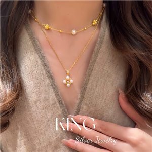 Ensemble de boucles d'oreilles et collier en perles et fleurs King Silver Jewelry pour femmes, bijoux fins pour mariage - Product Image 4