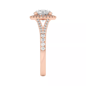 Bague de fiançailles pour femme en or rose 18 carats avec halo de diamants à 4 griffes et double pavé sur le sertissage - Product Image 2