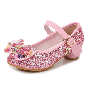 Nouvelles Chaussures de Fête pour Filles <span class=keywords><strong>à</strong></span> Talons Bas Dorés Scintillants avec Nœud et Breloque en Cristal, Dessus en PU, <span class=keywords><strong>à</strong></span> Enfiler, Antidérapantes, pour Spectacles, Vente en Gros - Product Image 5