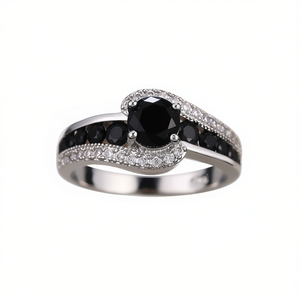 Bague classique en diamant noir pour femmes, argent 925 avec sertissage pavé et pierre centrale à griffes, bague de fiançailles en pierres précieuses F360 noir - Product Image 1
