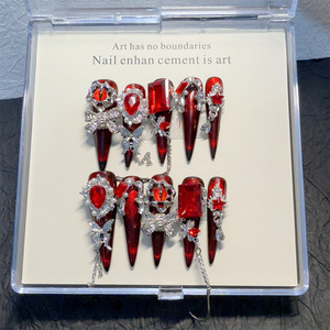 Faux ongles longs en forme de stiletto faits à la main, faux ongles rouges à bout français avec fleurs 3D, ongles artificiels en acrylique réutilisables - Product Image 1
