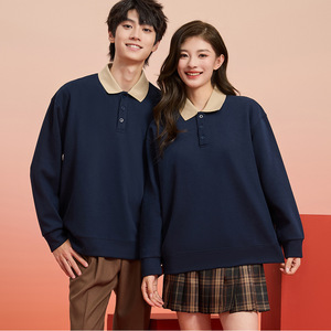 Custom Made Workwear Long Sleeve Crew Neck Sweatshirt Cotton Uniforms For Restaurant Staff Autumn Winter Beige Navy Blue - Product Image 3