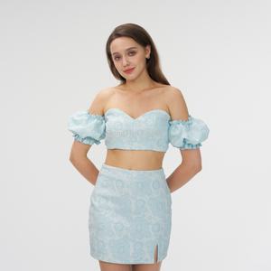 Conjuntos de Ropa para Niñas OEM, Top con Hombros Descubiertos, Conjunto Azul Bebé, Falda con Mangas Abullonadas - Product Image 6
