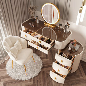 Coiffeuse de luxe moderne pour chambre à coucher avec miroir éclairé sur pied, plateau en bois blanc et rangement inférieur en verre - Product Image 4