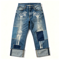 Jeans Baggy Personnalisés pour Hommes, Coupe Large, Effet Délavé, Patchwork, Motif Os, Denim Streetwear Usé, Vente en Gros B2B OEM