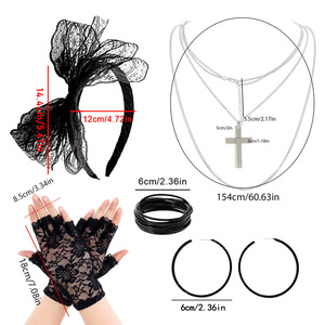 <strong>80s</strong> Fancy Dress Costume Cosplay Accessories Lace <strong>Headband</strong> Earrings Fishnet Gloves Necklace Bracelet for Halloween Retro Party - Product Image 4