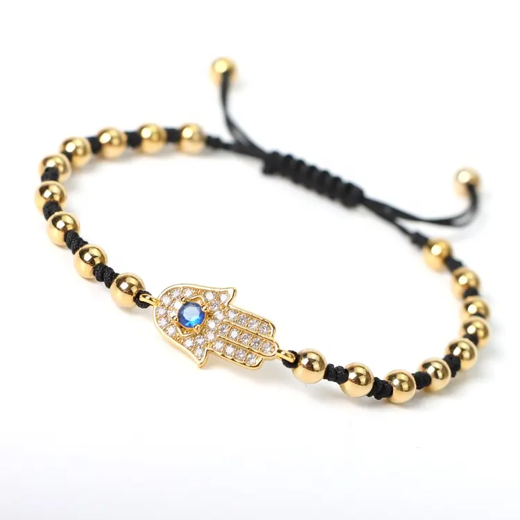 New Design Charms Hamasa Hand Bracelet Evil Micro Insert Zircon Gold Plated Beads Woven Bracelet Custom Beads Bracelet