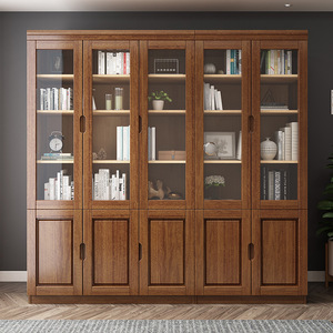 <b>Solid</b> <b>Wood</b> <b>Bookcase</b> Walnut Color Hinged Door Storage Study Room Cabinet - Product Image 3