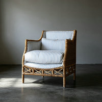 Fauteuil lounge d'intérieur en rotin naturel fait main, rayures bleues, ergonomique, en cannage tressé, pour hôtel, maison ou appartement