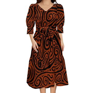 New Summer Polynesian <strong>Dresses</strong> Women Lady Elegant Puff Sleeve Tiered Midi <strong>Dress</strong> With Belts Lace up Custom <strong>Plus</strong> <strong>Size</strong> Womens <strong>Dress</strong> - Product Image 2