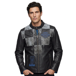 Chaqueta de motociclista de cuero genuino azul para hombre, convertible, con mangas extraíbles - Product Image 1